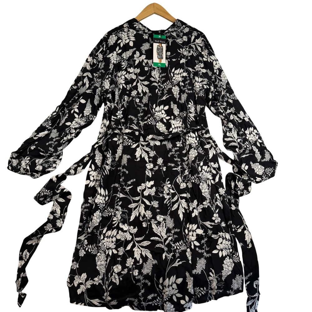 Well Worn Womens XL Black White Floral Button Front Shirt Dress Long Sleeve NEW